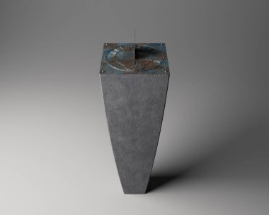 İzole edilmiş bir stüdyo arka planında monolitik beton tabanlı Roma rakamları bulunan bronz bir kare.