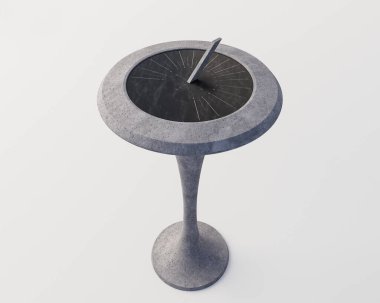 Roma rakamlarının oyulduğu modern yuvarlak yuvarlak bir güneş saati izole edilmiş bir stüdyo arka planında monolitik bir kaya tabanında duruyor.