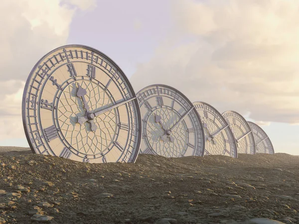 Linia Połowie Zakopanych Zabytkowych Zegarów Wykonanych Niebieskiego Żelaza Złotym Wykończeniem — Zdjęcie stockowe