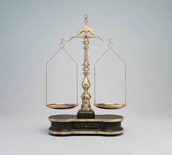 白の孤立した背景に木製のベースを持つ装飾的な真鍮の正義のスケール 3Dレンダリング — ストック写真