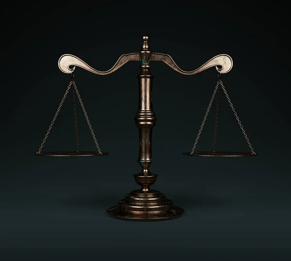 暗い隔離された背景に木製のベースを持つ装飾的な真鍮の正義のスケール 3Dレンダリング — ストック写真