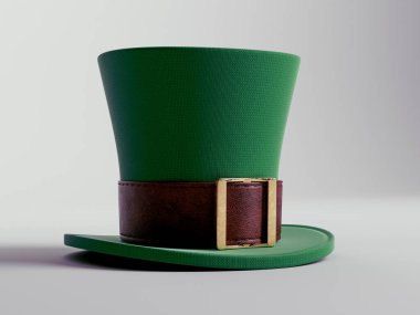 Yeşil bir leprikon şapka, kahverengi deri bant ve pirinç toka ile izole edilmiş bir arka plan.