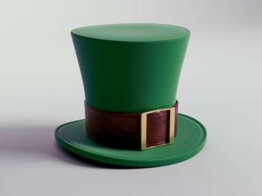 Yeşil bir leprikon şapka, kahverengi deri bant ve pirinç toka ile izole edilmiş bir arka plan.