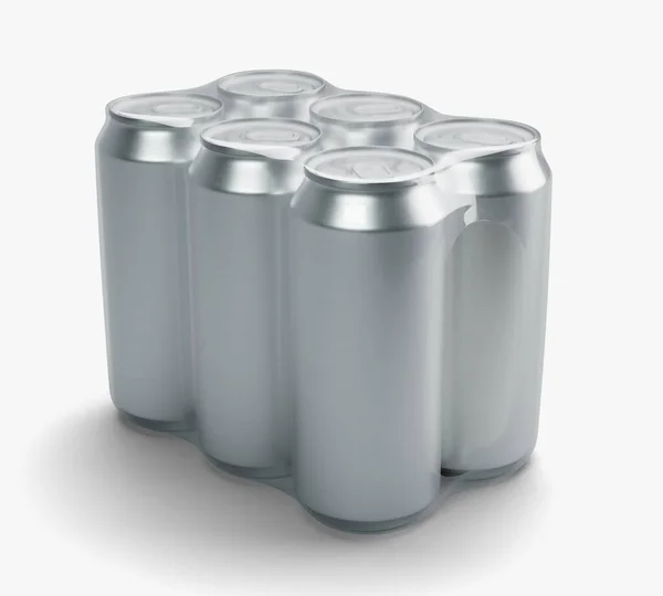 Shrink Wrapped Six Pack Regular Brushed Aluminum Beverage Cans Isolateds — Stock Photo, Image