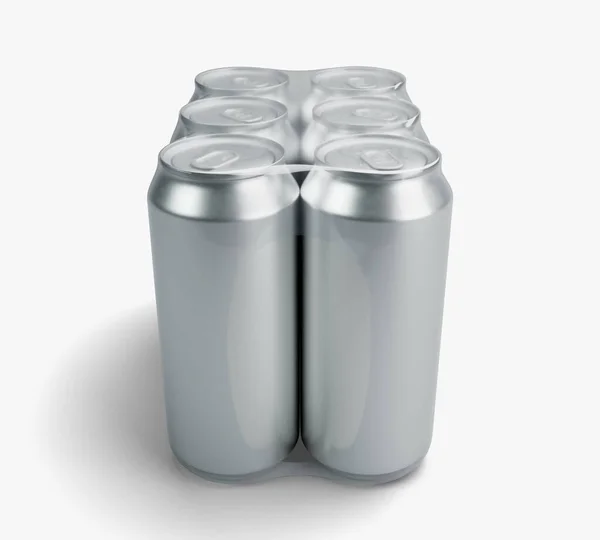 通常のブラシ付きアルミ飲料缶の6パックを独立したスタジオ背景にシュリンクラップ 3Dレンダリング — ストック写真