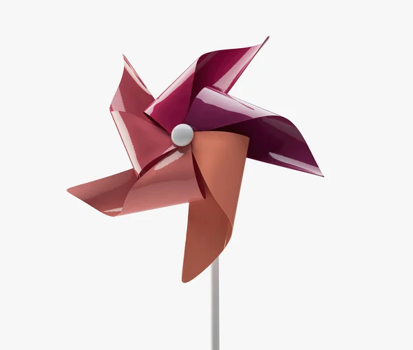 A regular toy pinwheel windmill with colored plastic vanes on a stick on an isolated background - 3D render