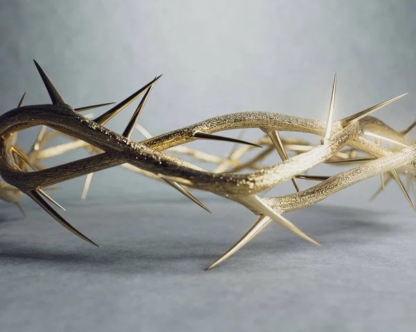 柔らかいスタジオの背景に影を投げかける十字架を描いた王冠に金で織られたとげの枝 3Dレンダリング — ストック写真