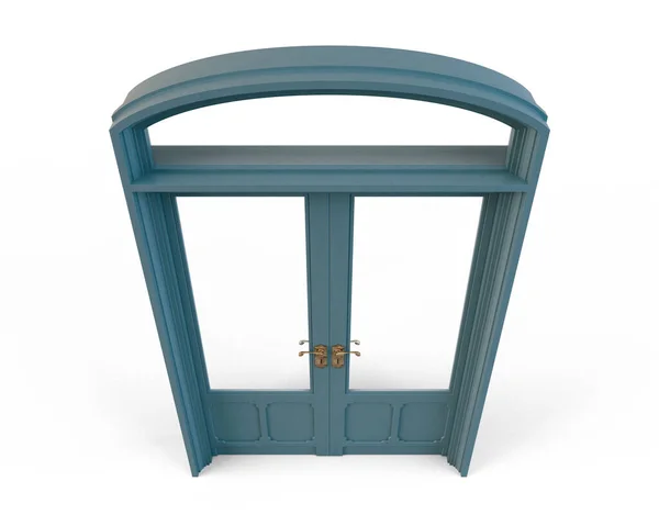 Закрытая Французская Двойная Дверь Окрашенная Синий Цвет Латунной Арматурой Изолированном — стоковое фото
