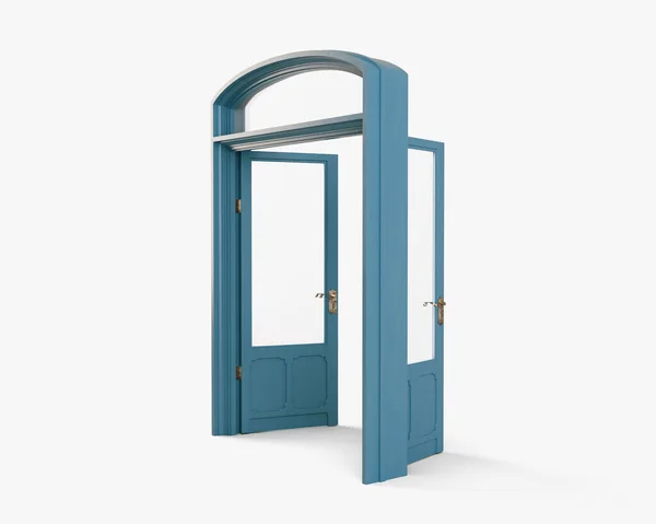 Open French Double Door Painted Blue Brass Fittings Isolated White — ストック写真