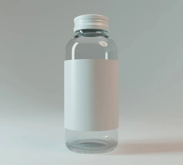 Átlátszó Üveg Gyógyszer Palack Egy Üres Címke Egy Elszigetelt Fehér — Stock Fotó
