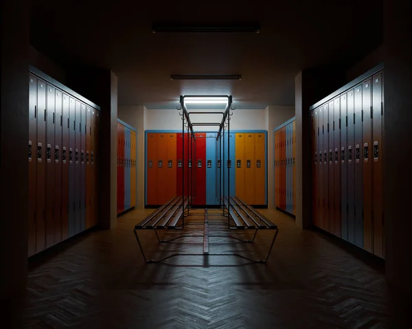 A dimly lit gym changeroom with wooden floors and banks of colorful lockers against the walls surrounding a wooden bench with hangers - 3D render