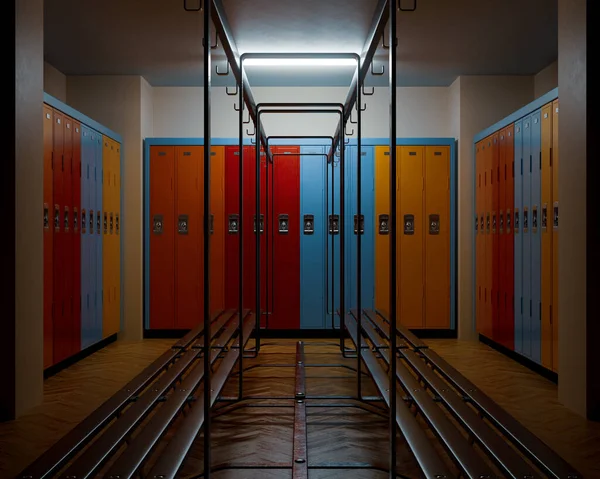 A dimly lit gym changeroom with wooden floors and banks of colorful lockers against the walls surrounding a wooden bench with hangers - 3D render