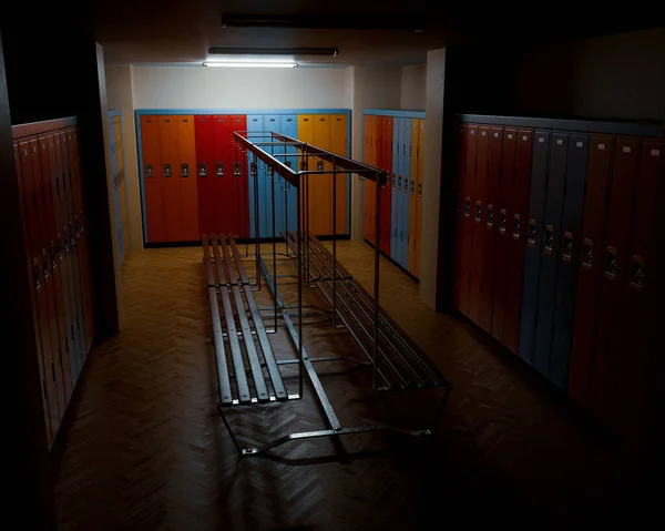 A dimly lit gym changeroom with wooden floors and banks of colorful lockers against the walls surrounding a wooden bench with hangers - 3D render