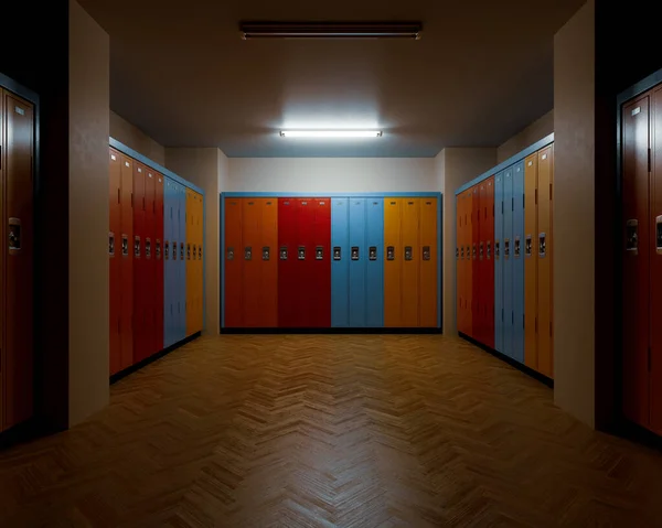 Dimly Lit Locker Room Wooden Floors Banks Colorful Lockers Walls — Stock Photo, Image