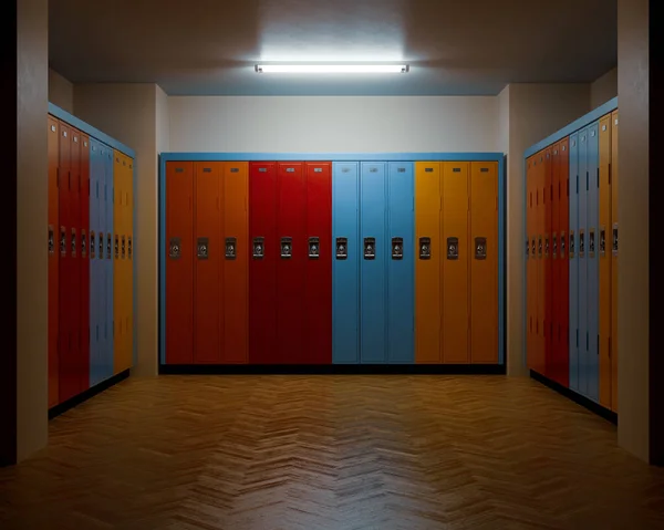 Dimly Lit Locker Room Wooden Floors Banks Colorful Lockers Walls — Stock Photo, Image