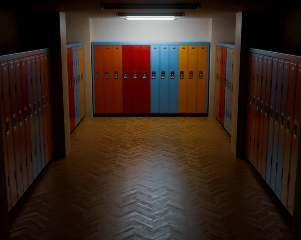 Dimly Lit Locker Room Wooden Floors Banks Colorful Lockers Walls — ストック写真