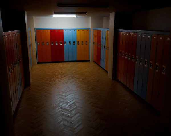 A dimly lit locker room with wooden floors and banks of colorful lockers against the walls - 3D render