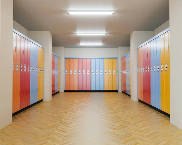 A well lit locker room with wooden floors and banks of colorful lockers against the walls - 3D render