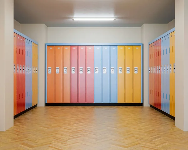 A well lit locker room with wooden floors and banks of colorful lockers against the walls - 3D render