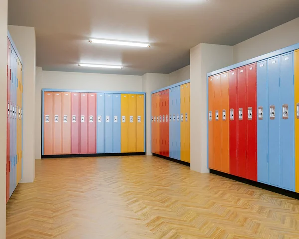 Well Lit Locker Room Wooden Floors Banks Colorful Lockers Walls — Photo