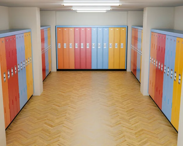 A well lit locker room with wooden floors and banks of colorful lockers against the walls - 3D render