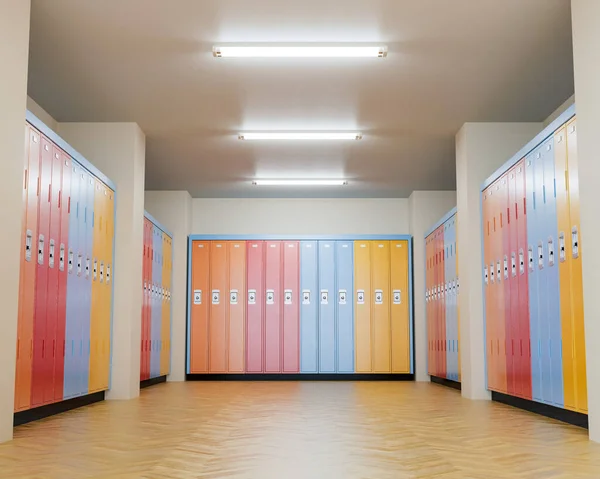 A well lit locker room with wooden floors and banks of colorful lockers against the walls - 3D render