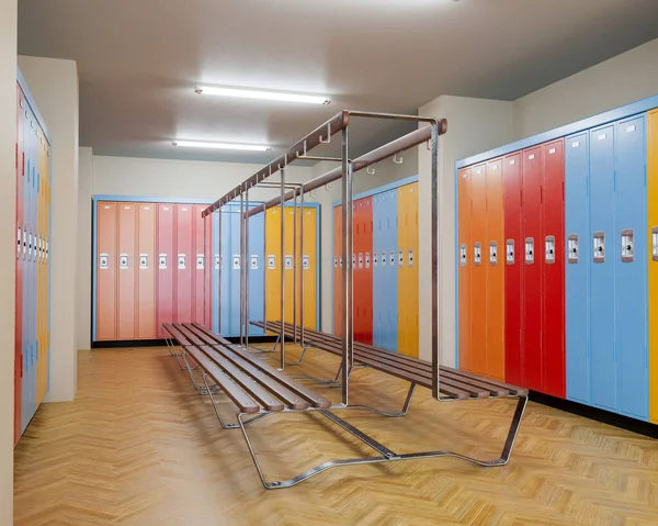A well lit gym changeroom with wooden floors and banks of colorful lockers against the walls surrounding a wooden bench with hangers - 3D render
