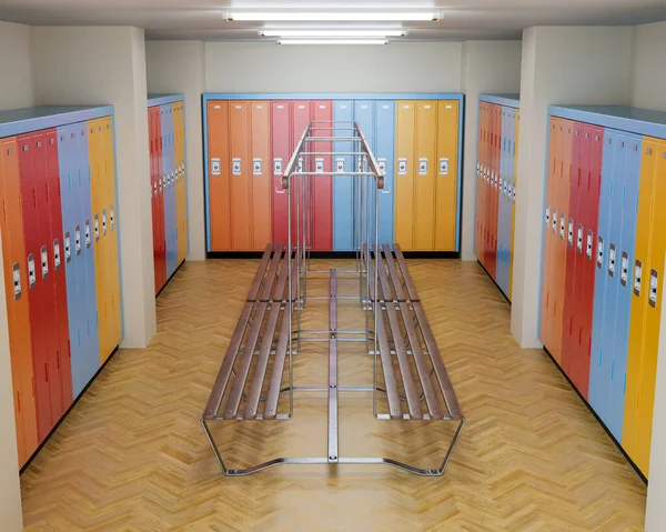 A well lit gym changeroom with wooden floors and banks of colorful lockers against the walls surrounding a wooden bench with hangers - 3D render
