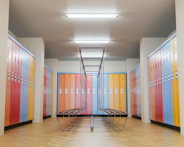Well Lit Gym Changeroom Wooden Floors Banks Colorful Lockers Walls — Photo