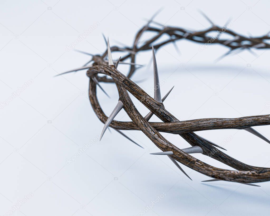 Branches of thorns woven into a crown depicting the crucifixion on an isolated white background - 3D render