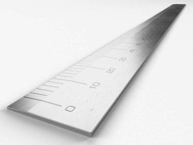 Çelik cetvelin beyaz stüdyo arka planında girintili ölçümleri olan bir bölümünün yakın görüntüsü - 3D
