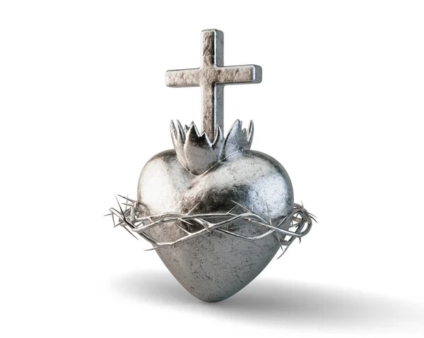 Серебряное Литье Святого Сердца Иисуса Фоне Светлой Студии Рендеринг — стоковое фото