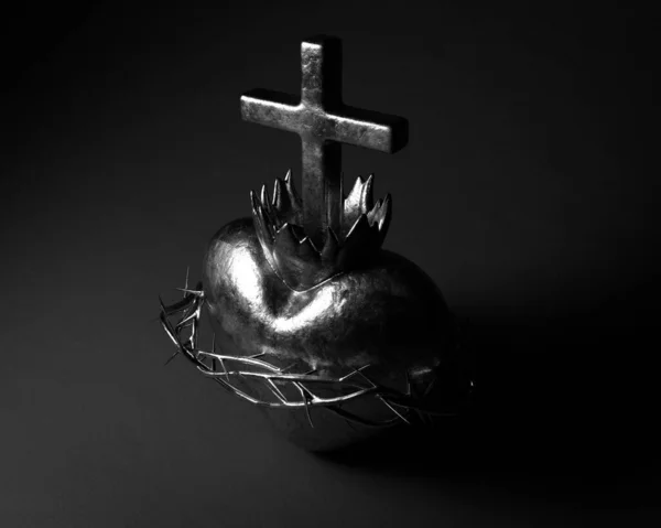 Srebrny Odlew Świętego Serca Jezusa Ciemnym Tle Studia Renderowanie — Zdjęcie stockowe