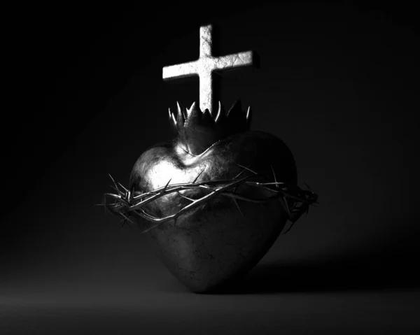 Silver Casting Sacred Heart Jesus Dark Studio Background Render — Foto de Stock