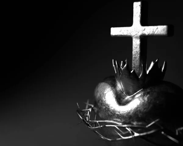 Серебряный Литье Святого Сердца Иисуса Темном Фоне Студии Рендеринг — стоковое фото