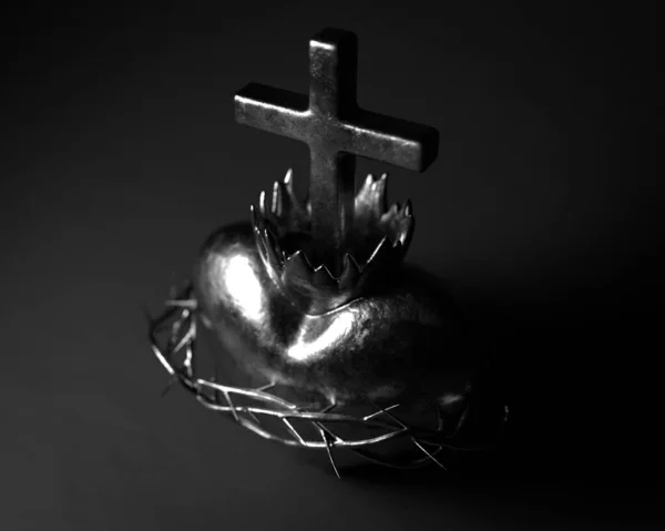 Silver Casting Sacred Heart Jesus Dark Studio Background Render — Stock Photo, Image