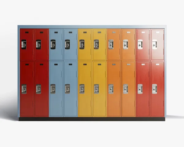 An standalone bank of colorful school lockers on an isolated white studio background - 3D render