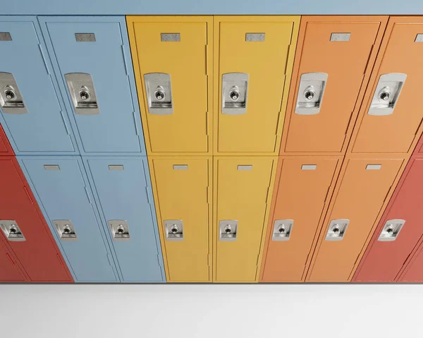 An standalone bank of colorful school lockers on an isolated white studio background - 3D render