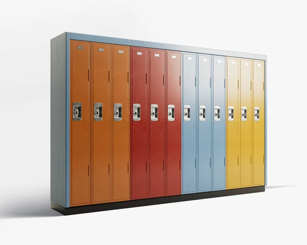 An standalone bank of colorful school lockers on an isolated white studio background - 3D render