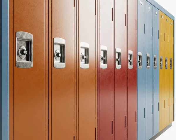 An standalone bank of colorful school lockers on an isolated white studio background - 3D render