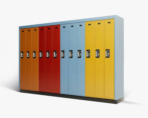 An standalone bank of colorful school lockers on an isolated white studio background - 3D render