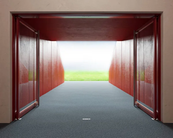 Look Predominantly Red Stadium Sports Corridor Open Glass Doors Lit — Stock Photo, Image