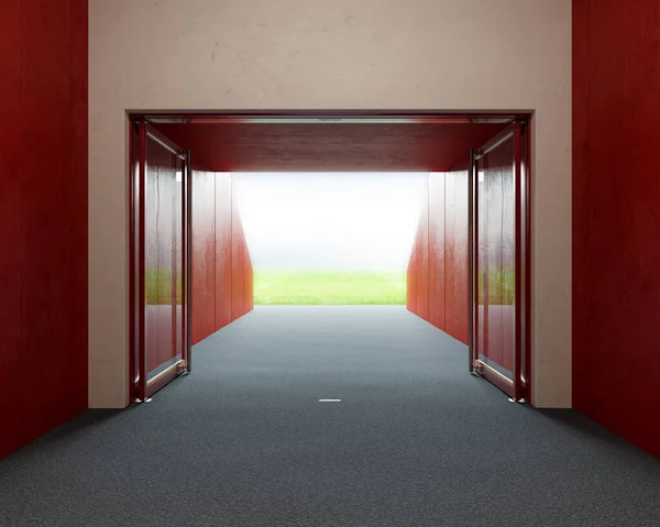 Look Predominantly Red Stadium Sports Corridor Open Glass Doors Lit — Stock Photo, Image