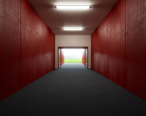 A look down a predominantly red stadium sports corridor through open glass doors to a lit arena in the distance - 3D render