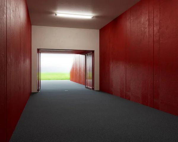 開放的なガラスの扉から遠くの照らされたアリーナまで 主に赤いスタジアムスポーツ回廊を見下ろす 3Dレンダリング — ストック写真