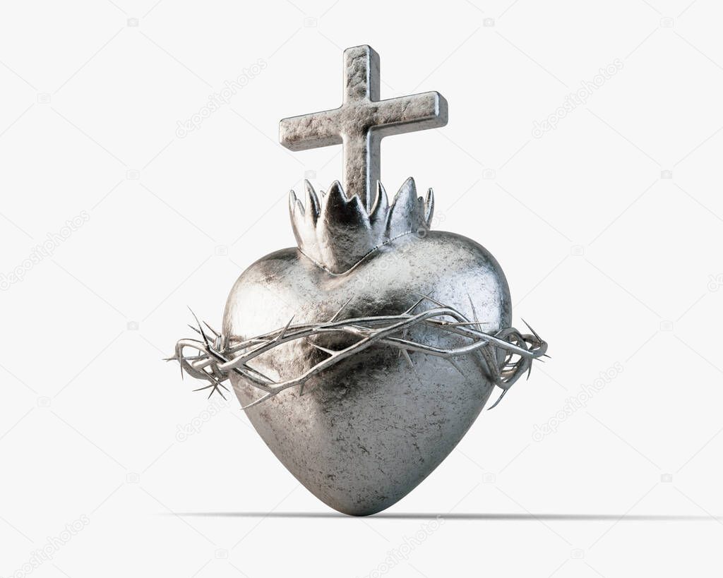 A silver casting of the sacred heart of jesus on a light studio background - 3D render