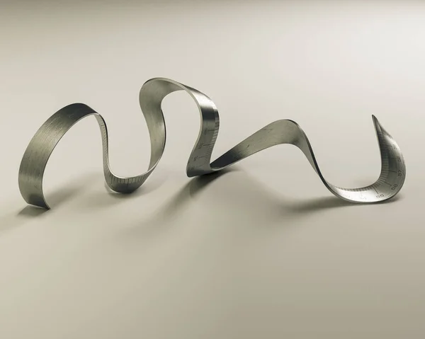 Surreal Concept Curled Twisted Industrial Steel Ruler Engraved Measurements Light — ストック写真
