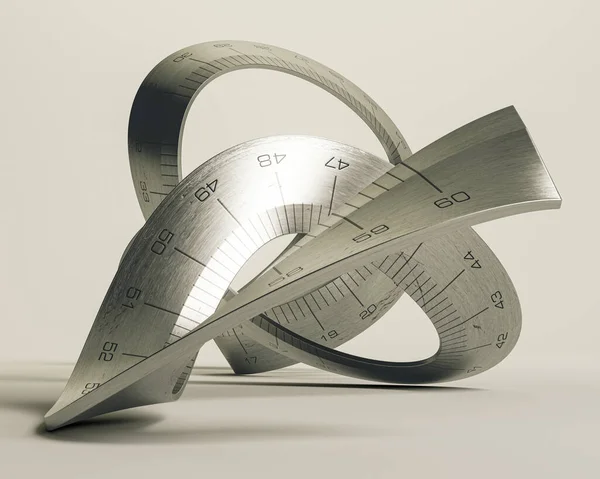 Surreal Concept Curled Twisted Industrial Steel Ruler Engraved Measurements Light — Stock Photo, Image