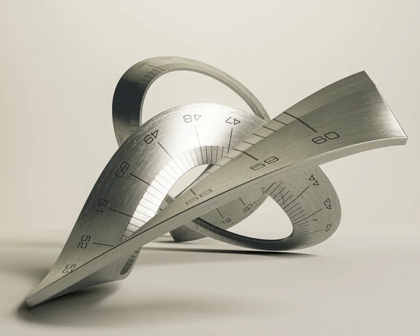 Surreal Concept Curled Twisted Industrial Steel Ruler Engraved Measurements Light — Stock fotografie