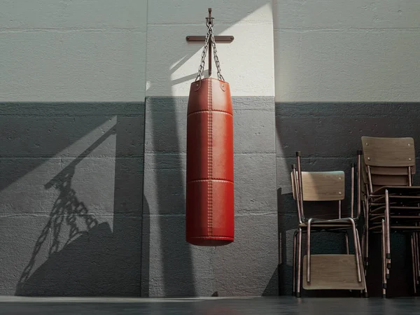 Red Leather Punching Bag Mounted Wall Room Stacked Chairs Lit — Fotografia de Stock